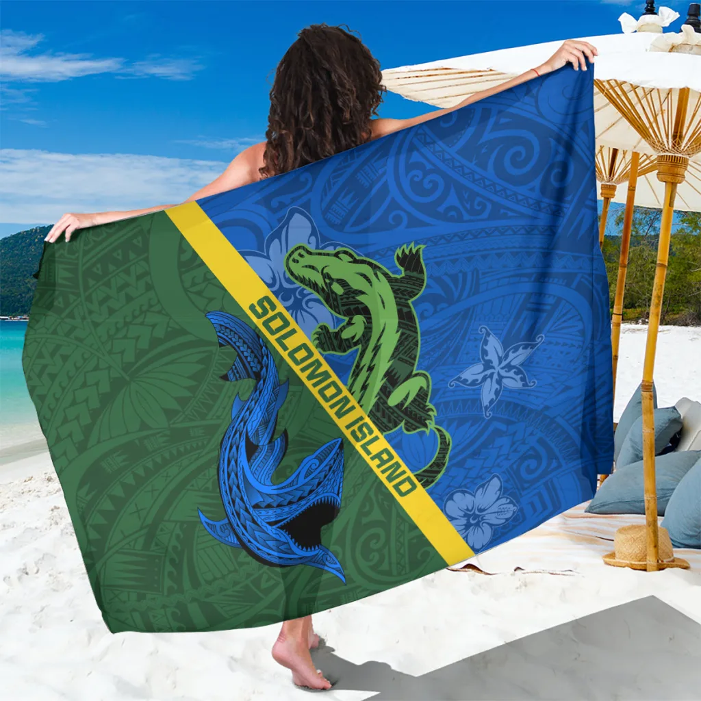 White Crocodile & Shark Tribal Print Sarong Polynesian South Pacific Resort Beach Wrap Wholesale Pareo - main view