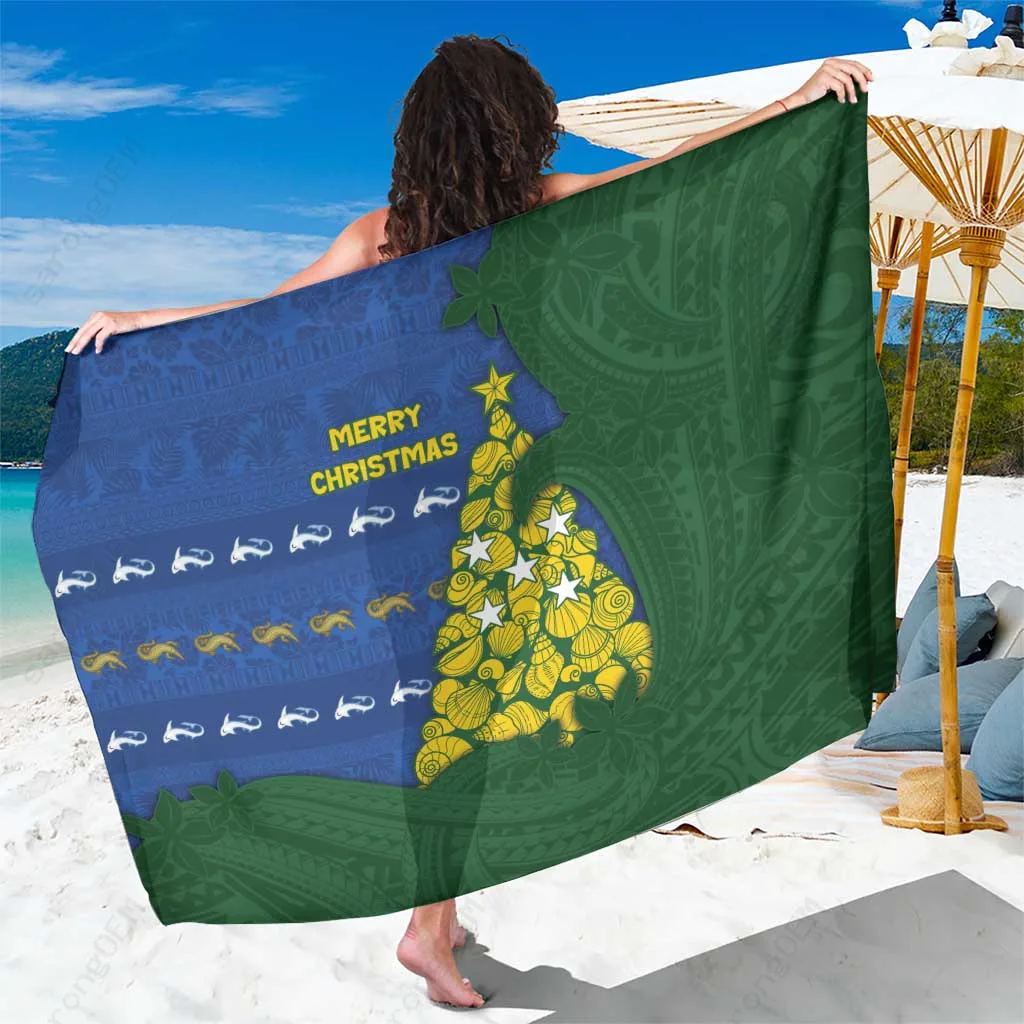 Cream White Tribal Waves Seashell Xmas Tree Print Sarong South Pacific Tropical Beach Wrap Pareo Wholesale - main view