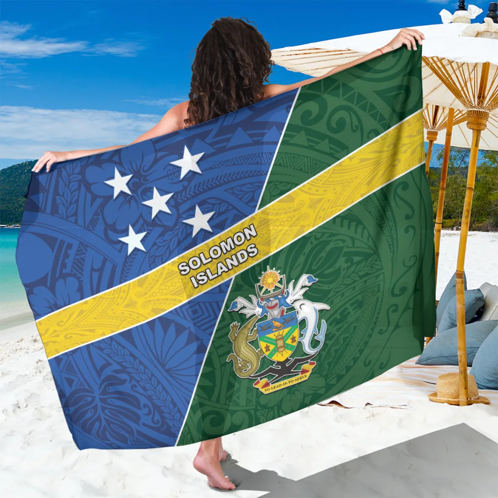 White Solomon Islands Independence Day Sarong with Coat of Arms Print South Pacific Resort Beach Wrap Pareo Wholesale Custom - main view