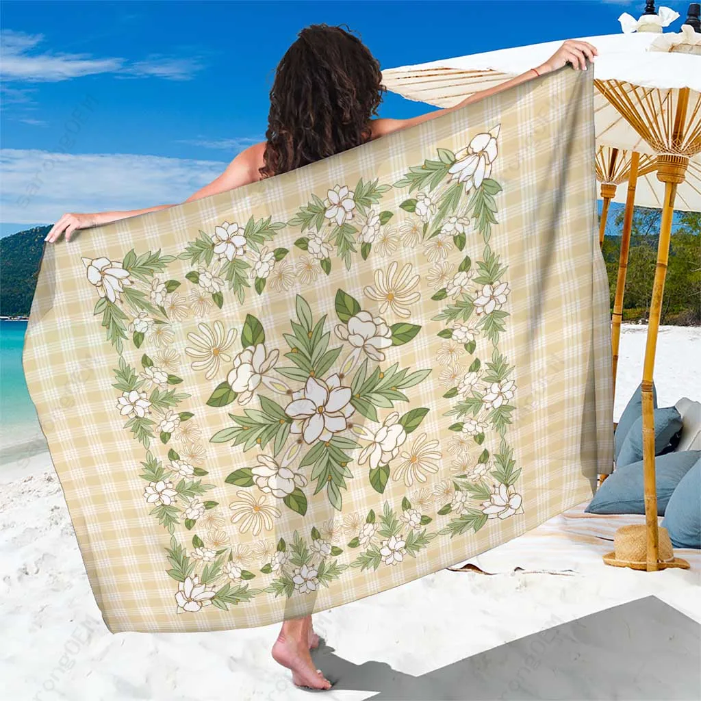 Beige Maile Leaf Palaka Print Sarong Hawaiian Quilt Pattern Beach Wrap Pareo Summer Island Cover Up Wholesale - main view