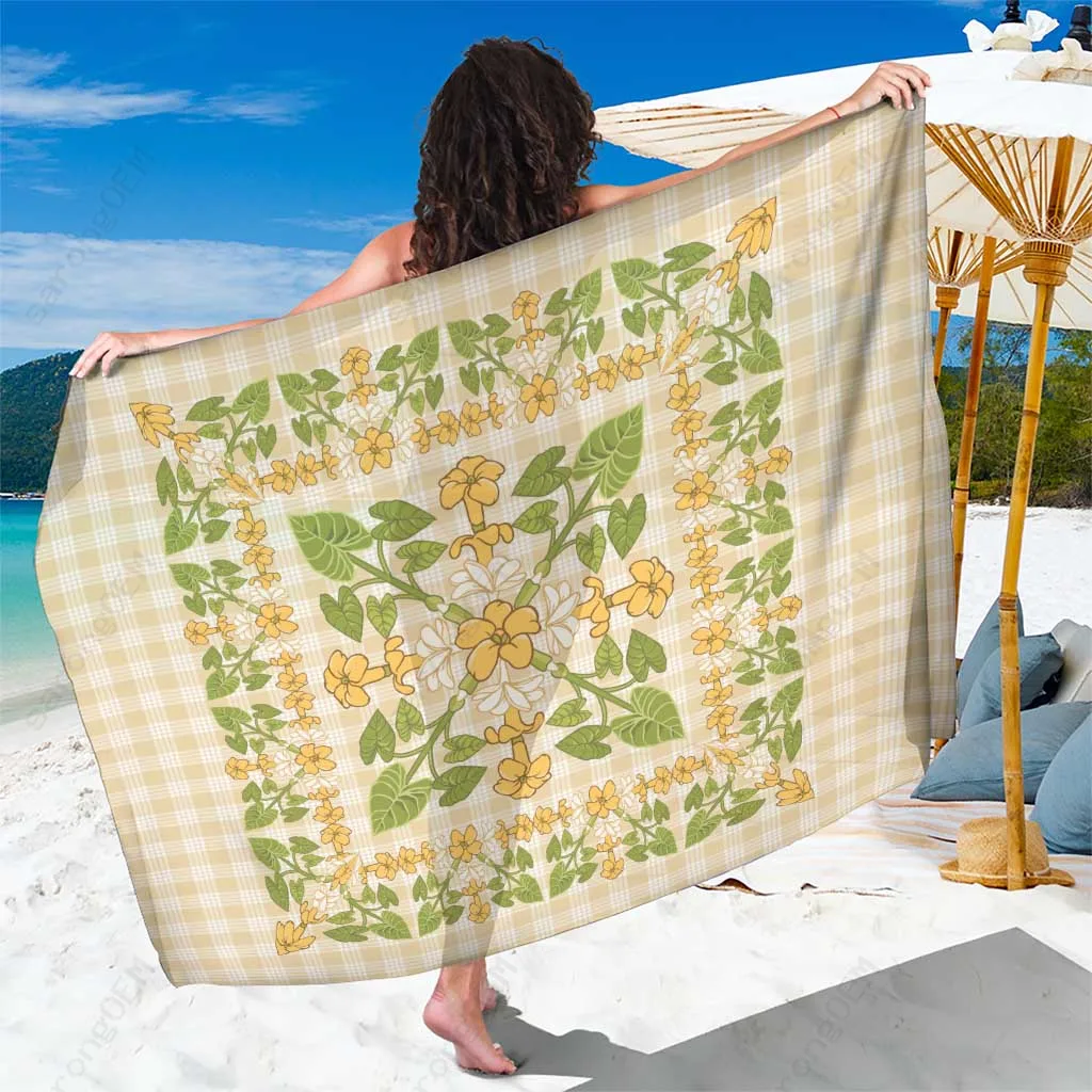 Beige Palaka Squares Puakenikeni & Kalo Sarong Hawaiian Quilt Pattern Beach Wrap Pareo for Resort Hotel OEM - main view