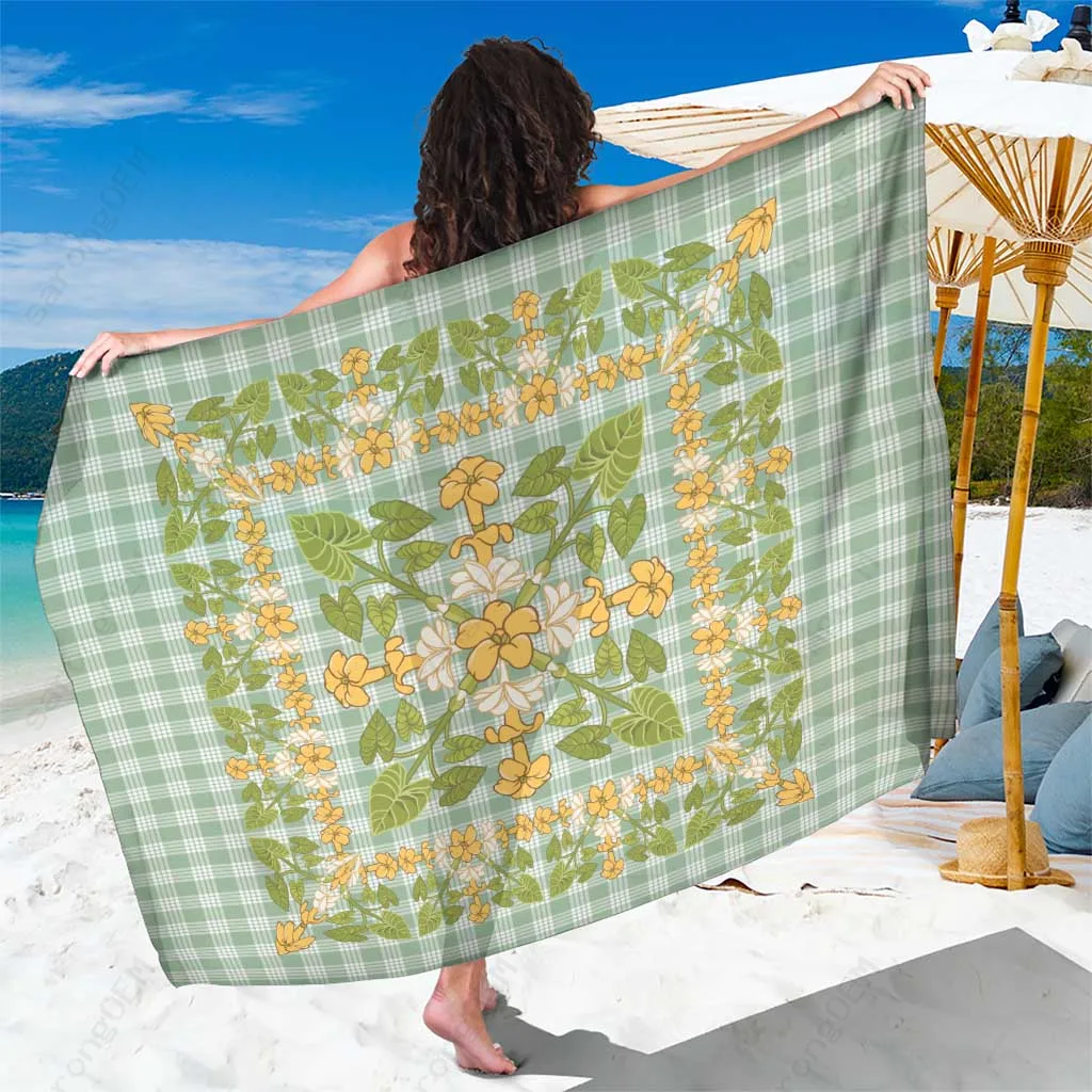 Navy Hawaiian Palaka Plaid Puakenikeni Kalo Sarong Beach Wrap Polynesian Resort Cover Up Wholesale Pareo - main view