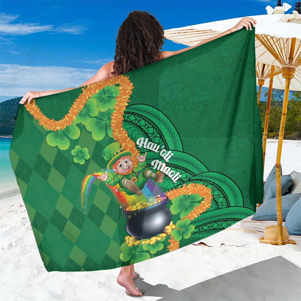 Green St Patricks Day Hawaii Sarong with Shamrock Shaka Leprechaun Print Tropical Island Beach Wrap Wholesale Pareo - main view