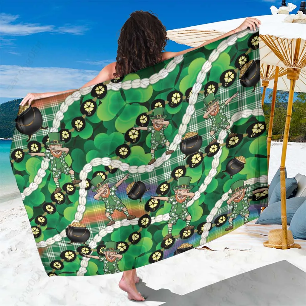 Green Palaka Plaid St Patricks Day Sarong with Shamrock Kukui Nut Pikake Lei Print Hawaiian Beach Wrap Wholesale Pareo - main view