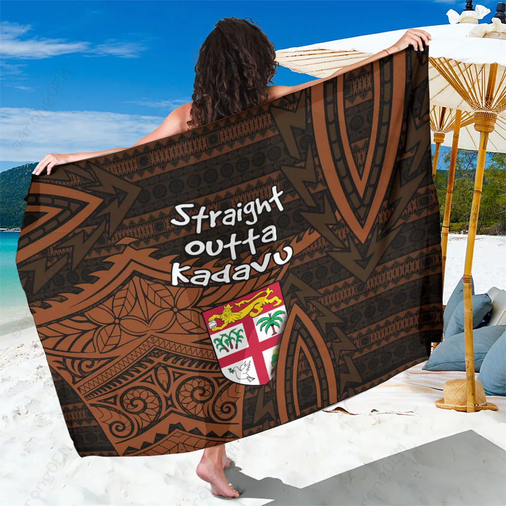 Black Tribal Polynesian Tattoo Coat of Arms Flag Print Sarong Fiji South Pacific Beach Wrap Wholesale Pareo - main view
