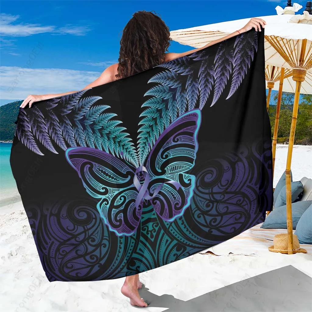 Silver Butterfly Silver Fern Maori Print Sarong Polynesian Beach Wrap Summer Island Cover Up Wholesale Pareo - main view
