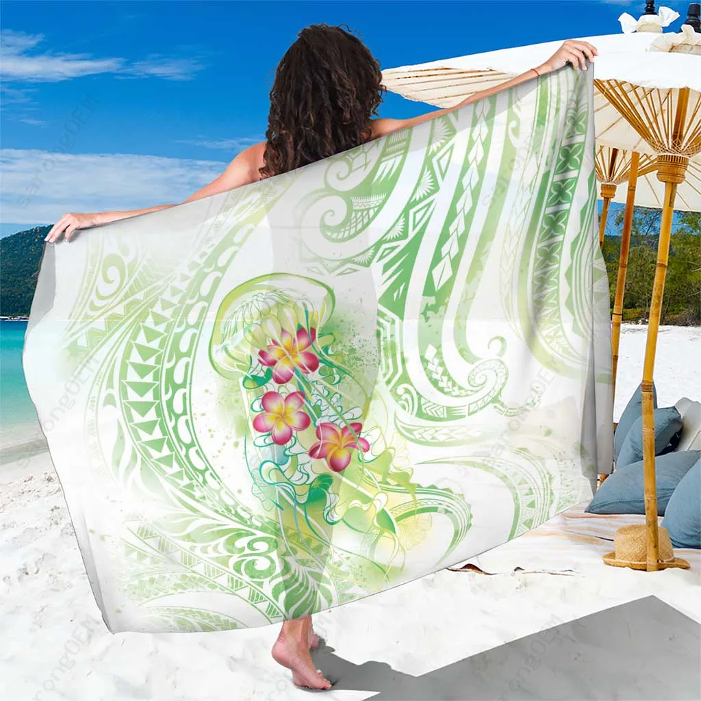 Summer Green Watercolor Polynesian Jellyfish Fish Print Sarong Beach Wrap Resort Cover Up Wholesale - main view