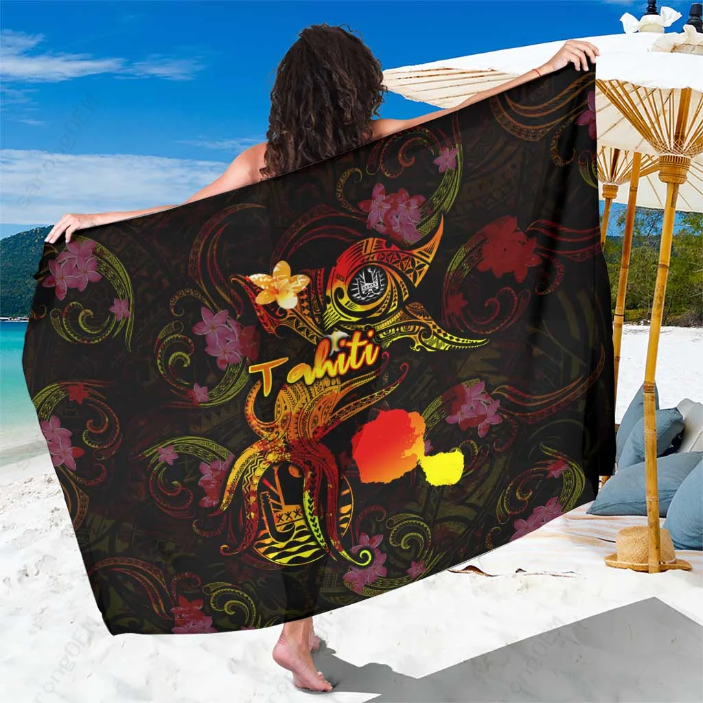 Navy Blue Plumeria Octopus Polynesian Tattoo Print Sarong Beach Wrap Resort Cover Up Wholesale Pareo - main view
