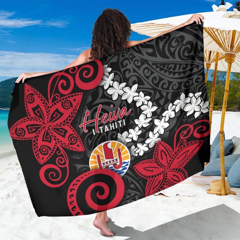 Deep Blue Floral Pattern Polynesian Sarong with Coat of Arms, Beach Wrap for Resort Wear Wholesale Pareo - main view
