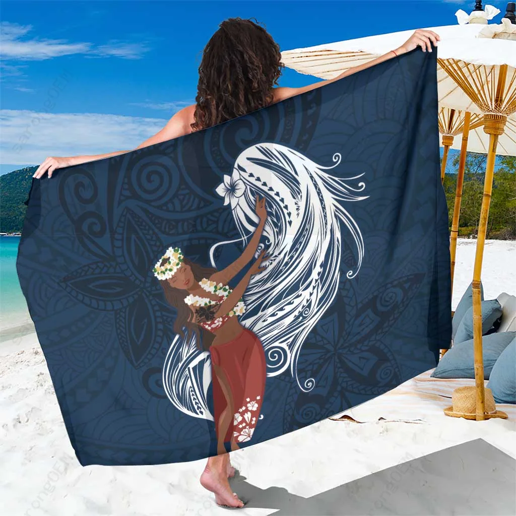 Navy Blue Polynesian Plumeria Tribal Print Sarong Beach Wrap Tahitian Vahine Otea Resort Pareo Wholesale - main view