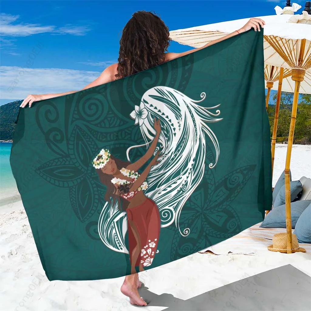 Teal Polynesian Plumeria Tribal Print Sarong Beach Wrap Tropical Island Resort Cover Up Wholesale Pareo - main view