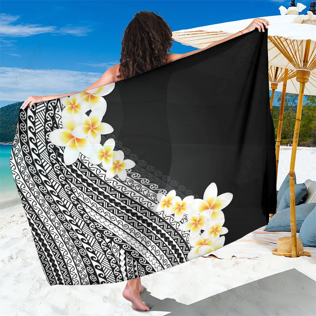 Black Wave Plumeria Tribal Print Sarong Polynesian Beach Wrap for Resort Hotel Wholesale Pareo - main view