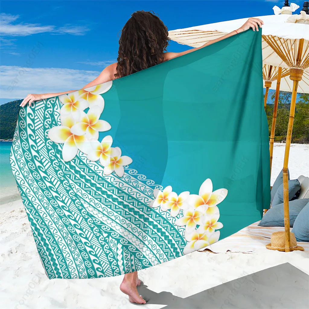 Turquoise Wave Plumeria Tribal Pattern Sarong Tropical Beach Wrap Dress Wholesale Pareo - main view