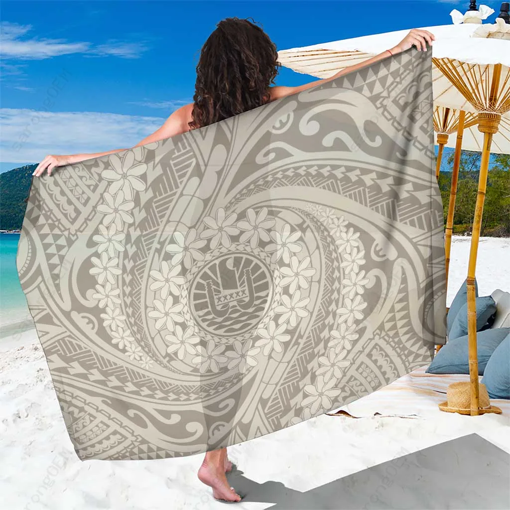 Beige Tahitian Tiare Flower Sarong Polynesian Pattern Beach Wrap Wholesale Pareo for Resort - main view