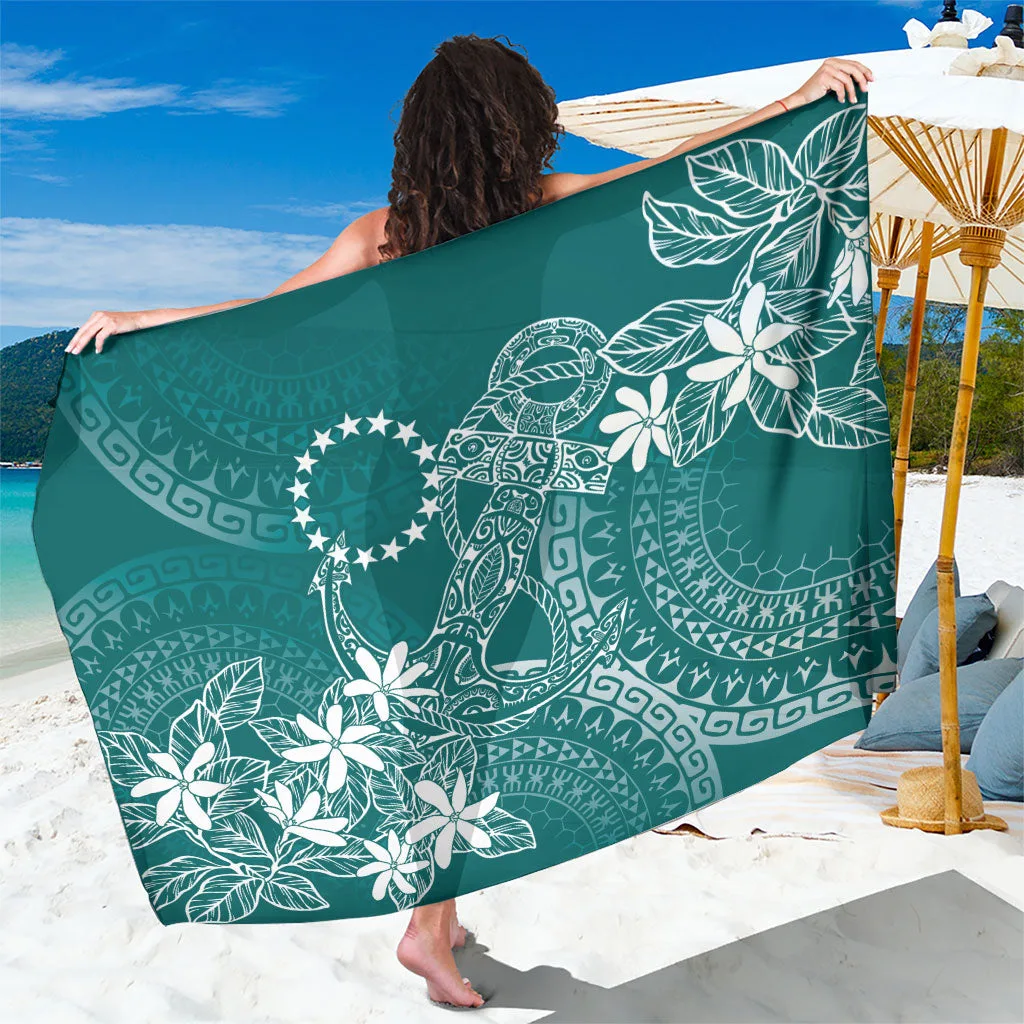 Teal Tribal Anchor Mix Tiare Print Sarong Polynesian Beach Wrap for Resort Hotel Wholesale Pareo - main view