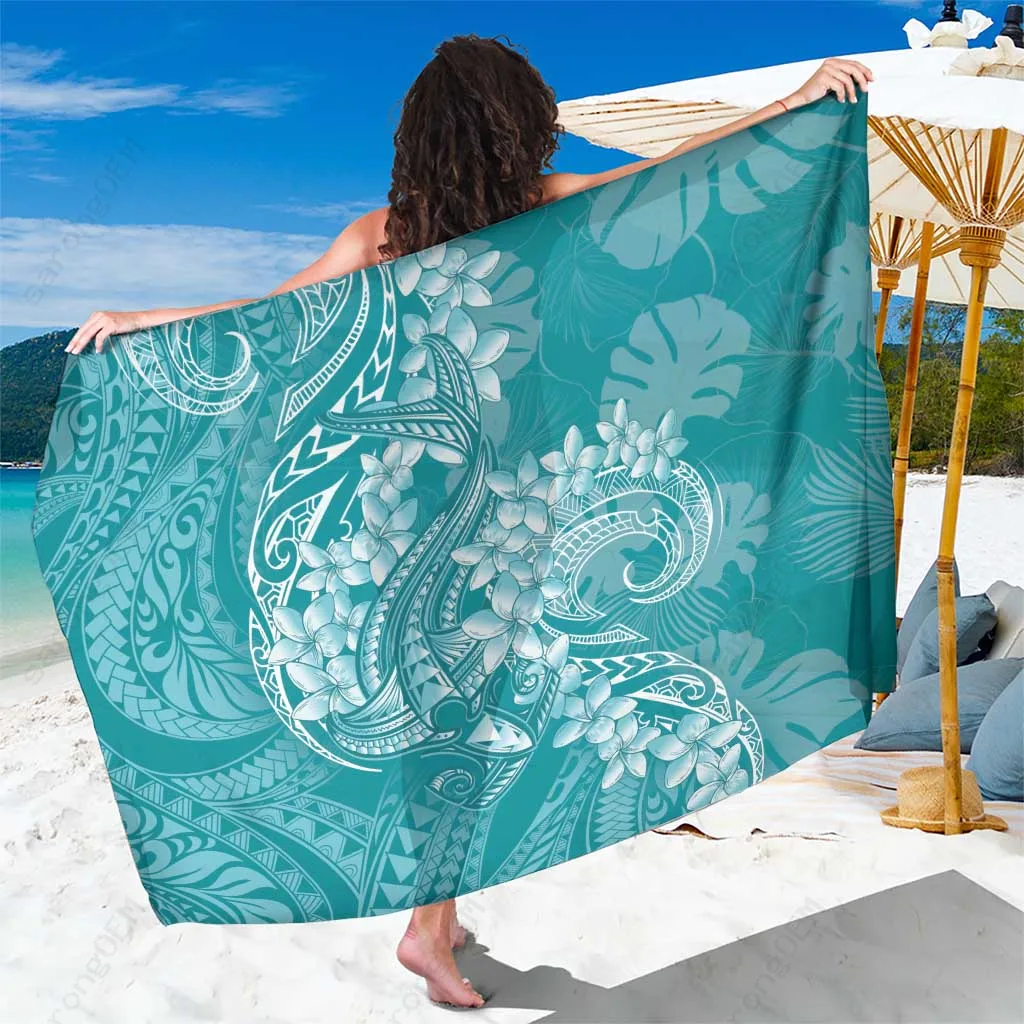 Teal Polynesia Hammerhead Shark Tattoo with Plumeria Lei Floral Print Sarong Beach Wrap Wholesale Pareo - main view