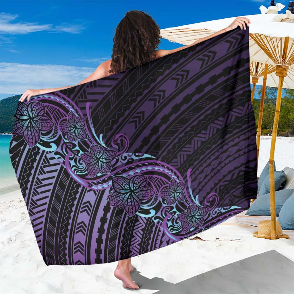 Teal Purple Plumeria Polynesia Tattoo Print Sarong Beach Wrap Resort Poolside Cover Up Wholesale Pareo - main view