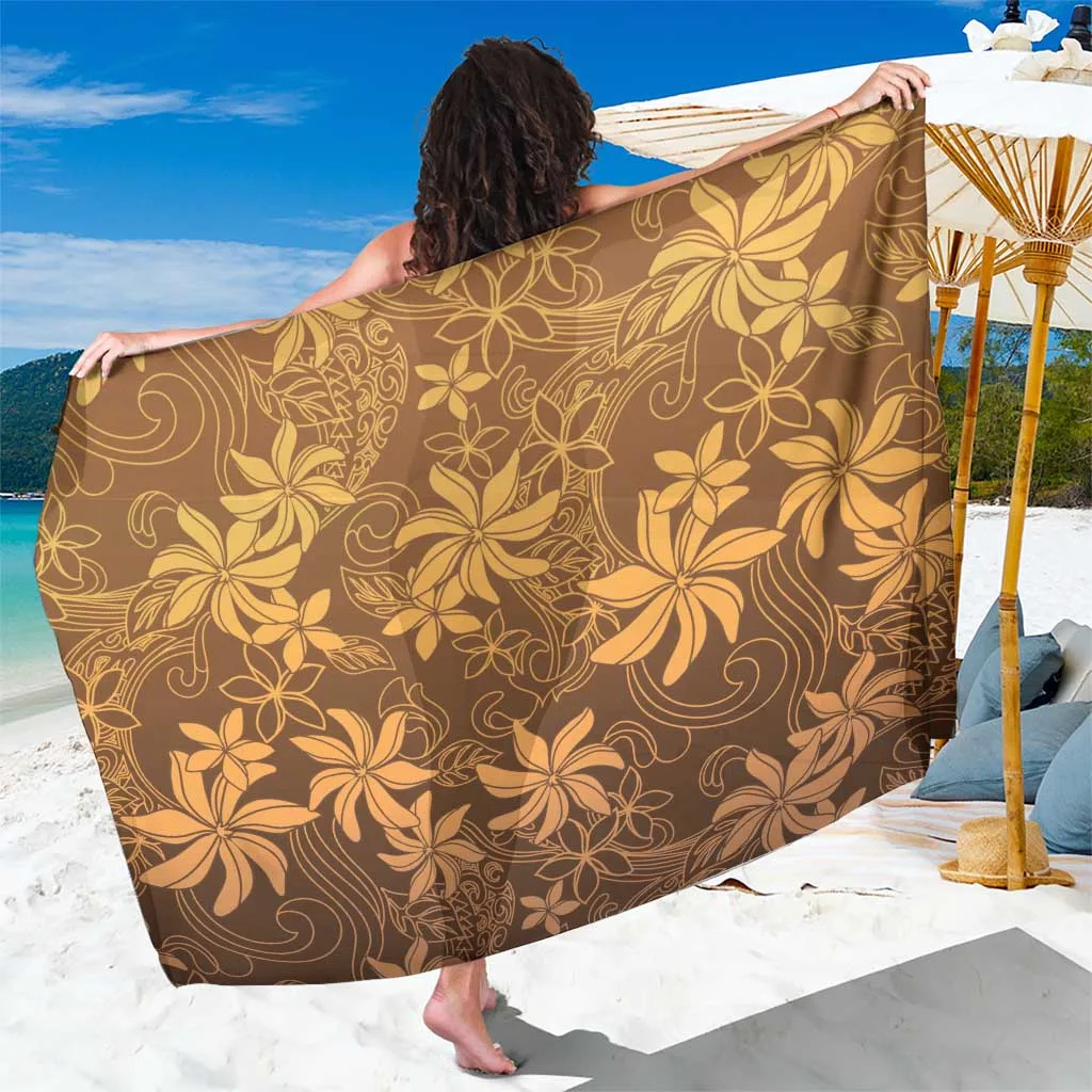 Brown Polynesia Motifs Tiare Tahiti Sarong with Hibiscus and Plumeria Print Beach Wrap for Resort OEM Wholesale Pareo - main view