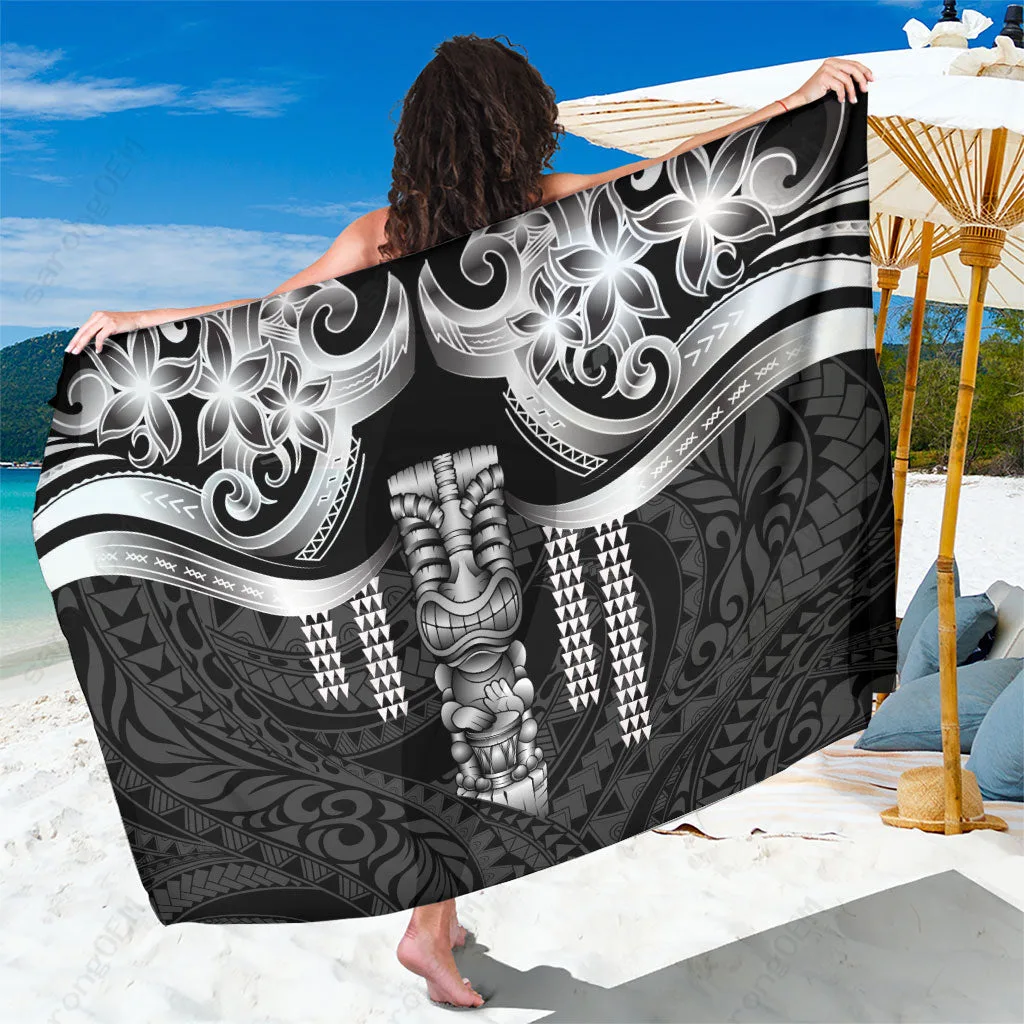 Black Tiki Drum Hawaii Tribal Print Sarong Polynesian Beach Wrap Cover Up for Resort Wholesale Pareo - main view