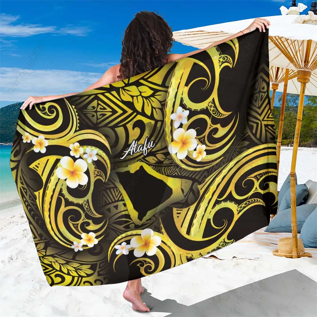 White Polynesian Tattoo Plumeria Map Print Sarong Beach Wrap Tropical Island Resort Wholesale Pareo - main view