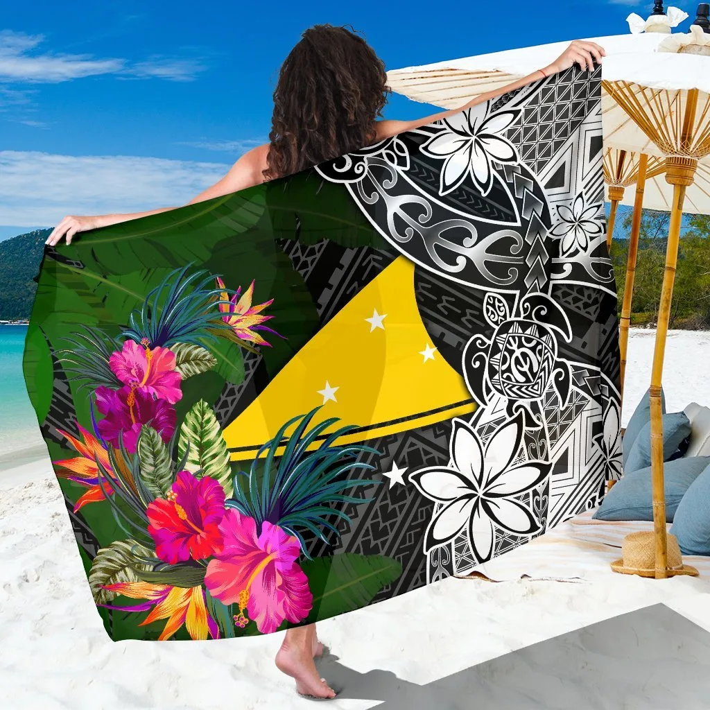 Green Sarong with Turtle Plumeria Banana Leaf Print Polynesian Tropical Beach Wrap Pareo Wholesale - main view
