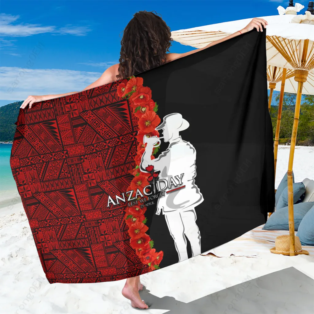 Red Poppy Soldier Anzac Day Sarong Tonga Tribute Print Beach Wrap Cover Up Pareo Wholesale - main view