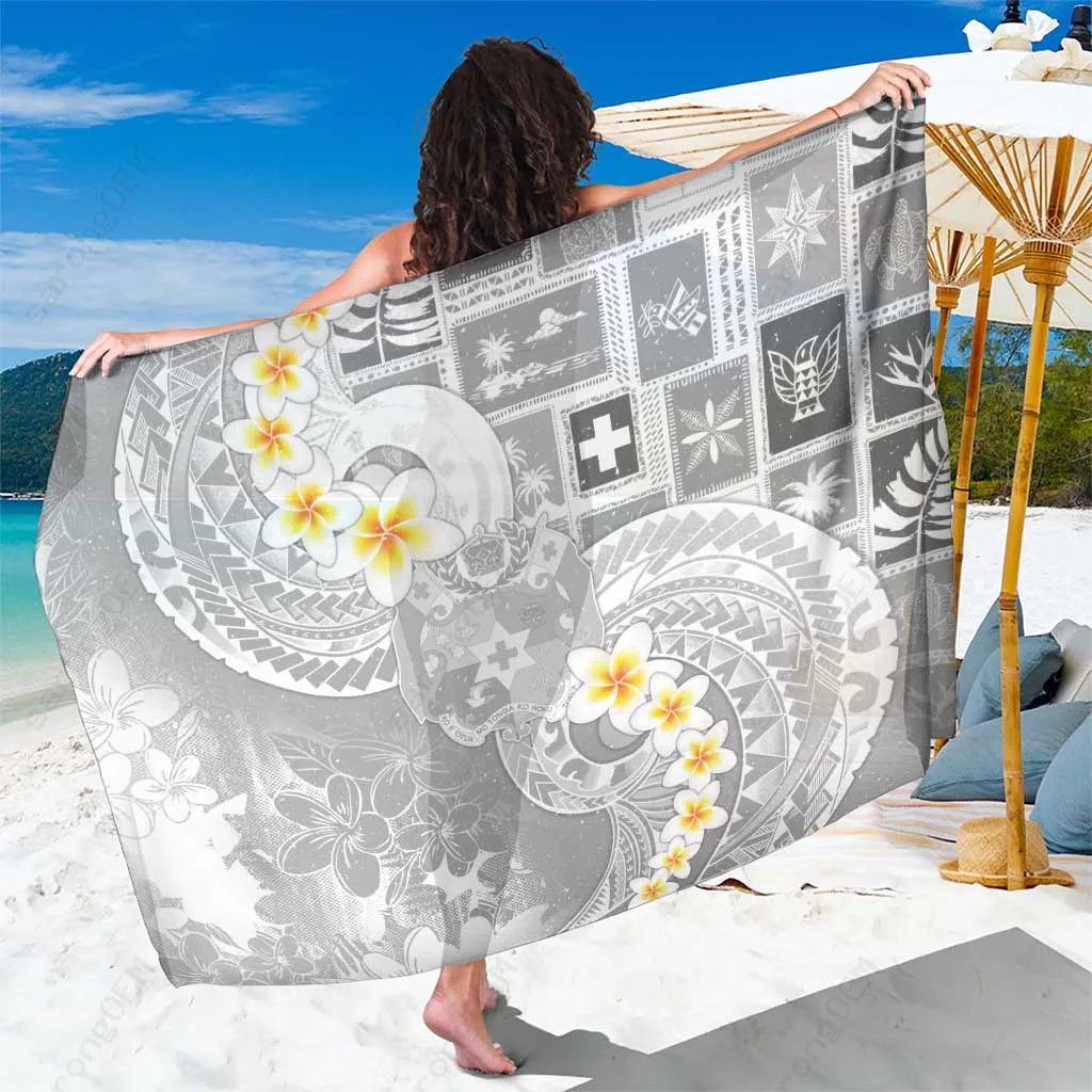 White Tonga Christmas Sarong Kilisimasi Fiefia Retro Style with Tribal Print, Beach Wrap Cover Up for Resort Holiday, Wholesale Pareo - main view