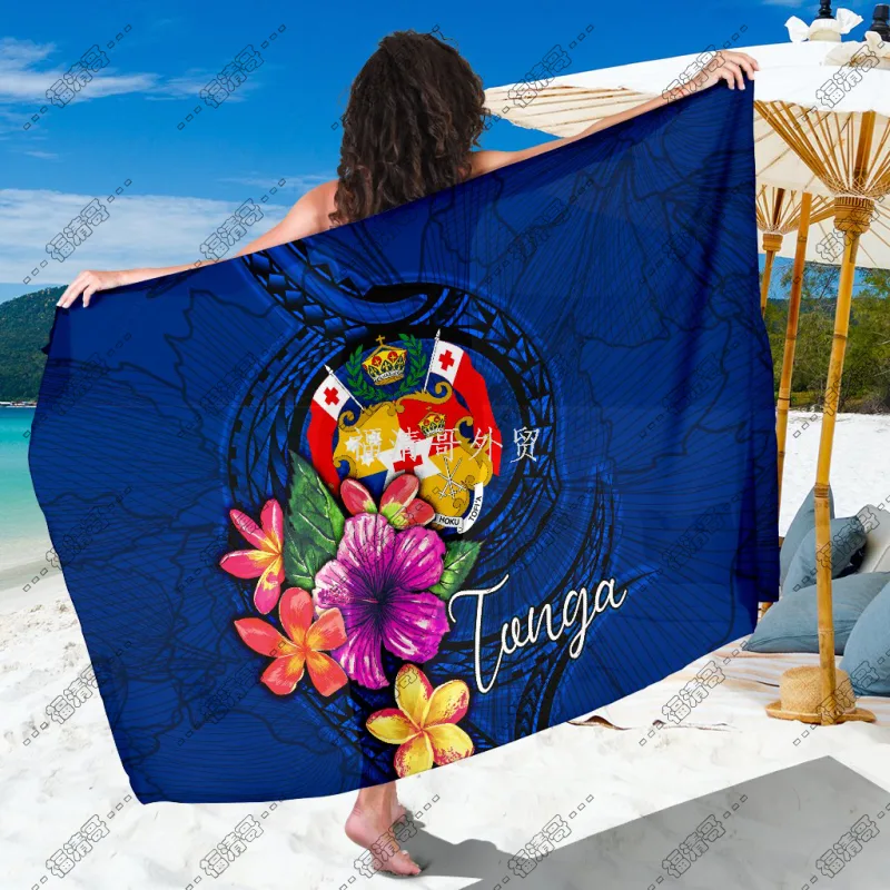 Tonga Coat of Arms Tropical Floral Tribal Sarong Pareo Cover Up Custom Printed Rayon Sarong - Custom Sarong
