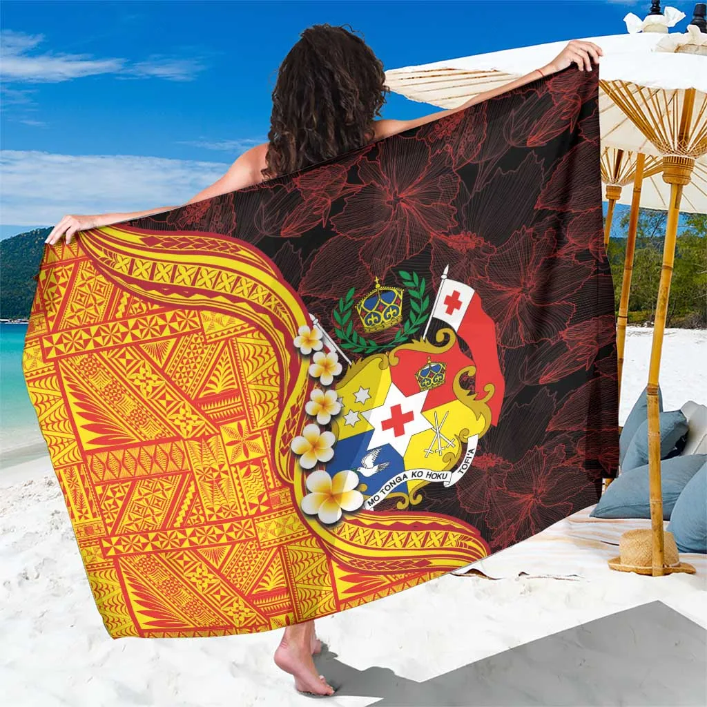 White Tongan Ngatu Pattern Sarong with Plumeria & Hibiscus Polynesian Beach Wrap Wholesale Pareo - main view