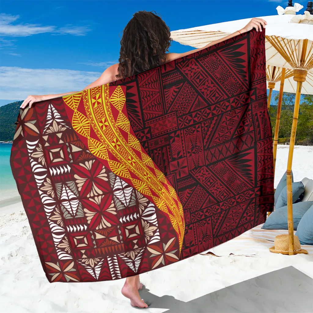 Tonga Traditional Kupesi Palm Frond Hibiscus Print Sarong South Pacific Style Beach Cover Up Wholesale Pareo - main view