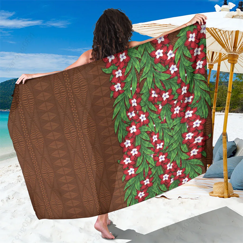 Brown Tonga Heilala Floral Hibiscus Print Sarong South Pacific Resort Beach Wrap Wholesale Pareo - main view