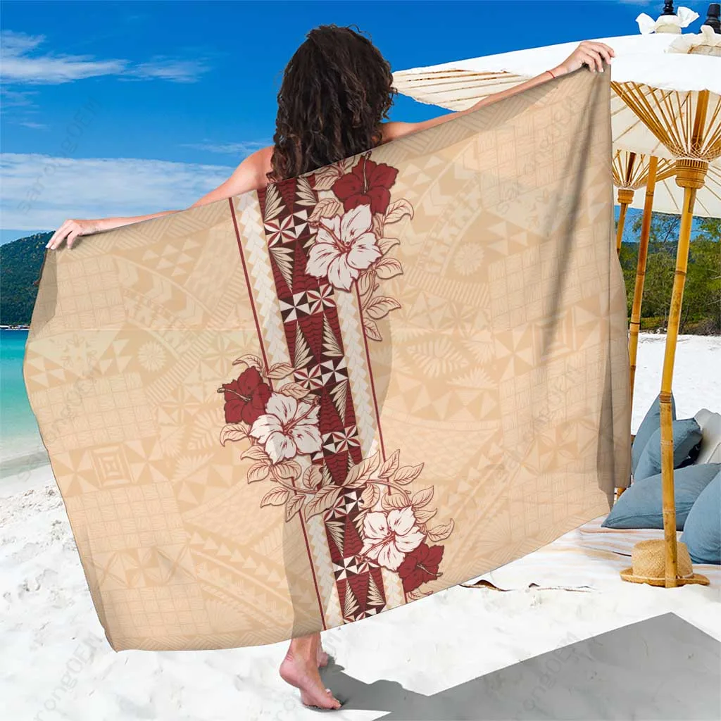 Burgundy Hibiscus Tongan Ngatu Print Sarong South Pacific Island Beach Wrap Wholesale Pareo - main view