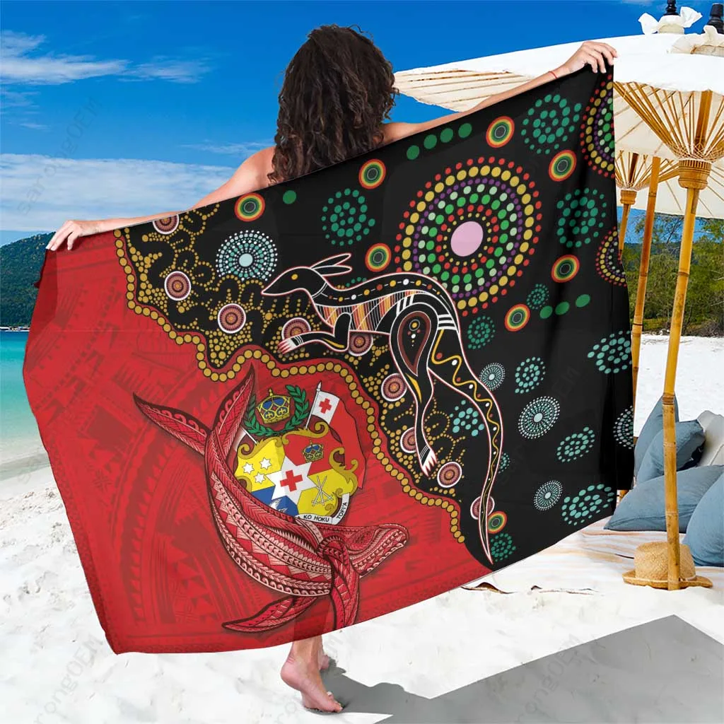Navy Polynesian Humpback Whale & Aboriginal Kangaroo Print Sarong Beach Wrap Tonga Ngatu Style Island Cover Up Wholesale Pareo - main view