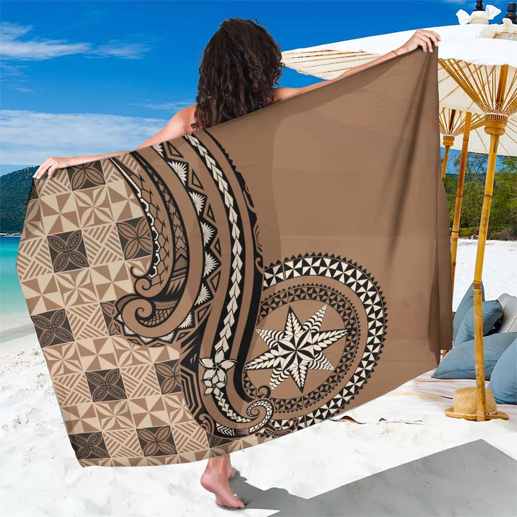 Brown Vintage Tonga Ngatu Sarong with Manulua Motifs Polynesian Beach Wrap for Resort Hotel Wholesale Pareo - main view