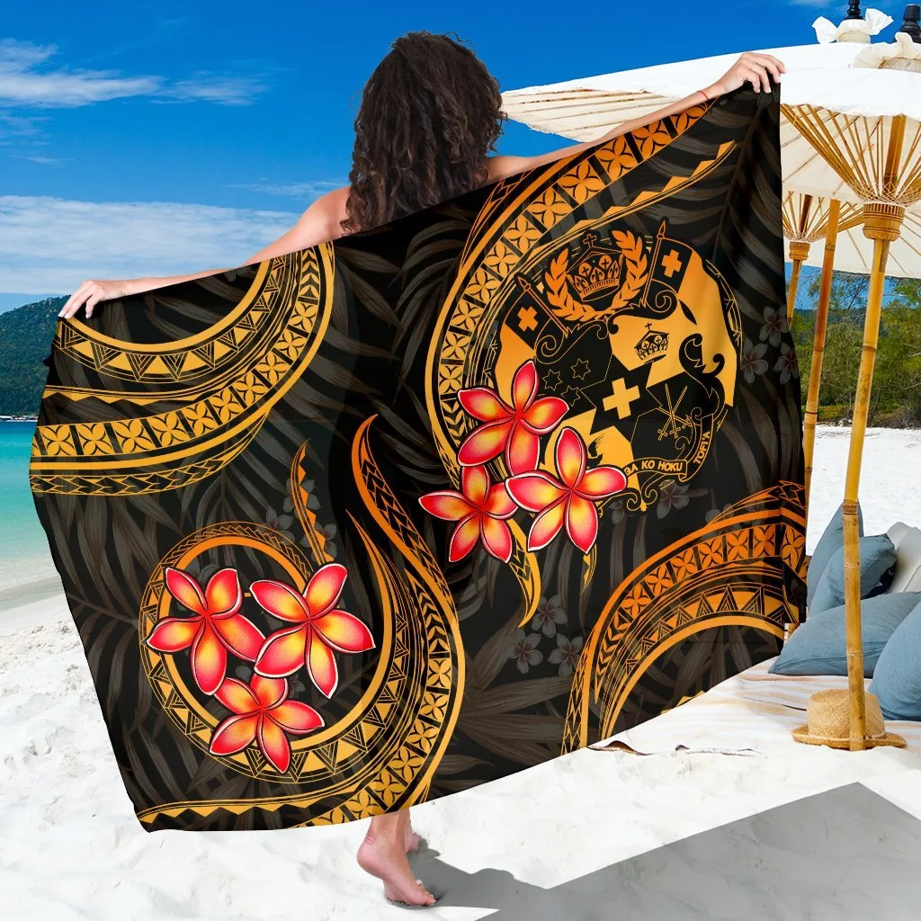 Gold Plumeria Tonga Tribal Print Sarong Beach Wrap, South Pacific Resort Style Pareo for Wholesale - main view