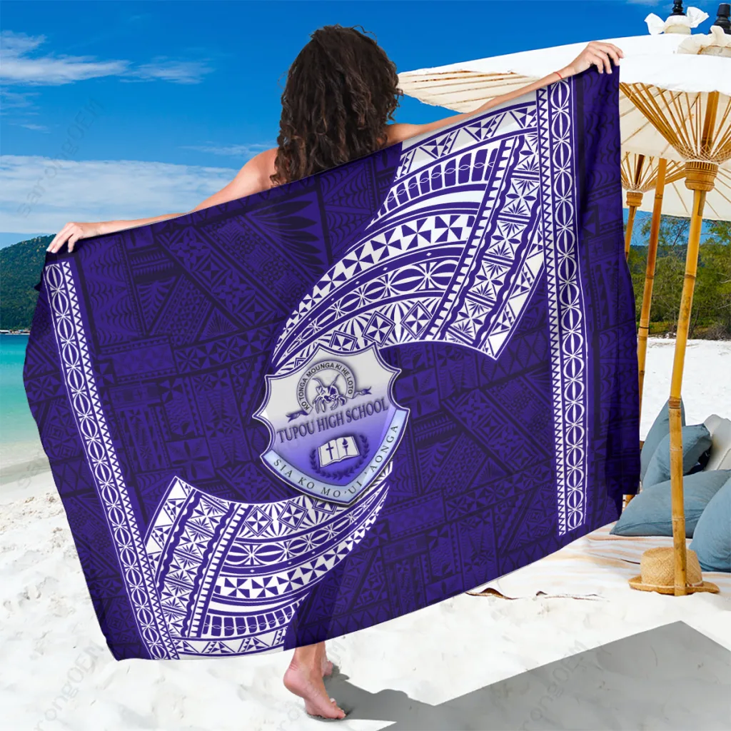 Cream White Tonga Tupou High School Traditional Ngatu & Polynesian Pattern Printed Sarong Beach Wrap Pareo for Resort Hotel OEM Wholesale - main view
