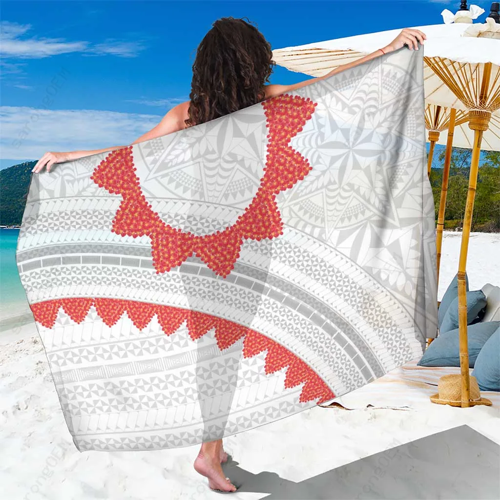 White Tonga Sun Heilala Flowers Shell Hibiscus Print Sarong South Pacific Island Beach Wrap Wholesale Pareo - main view