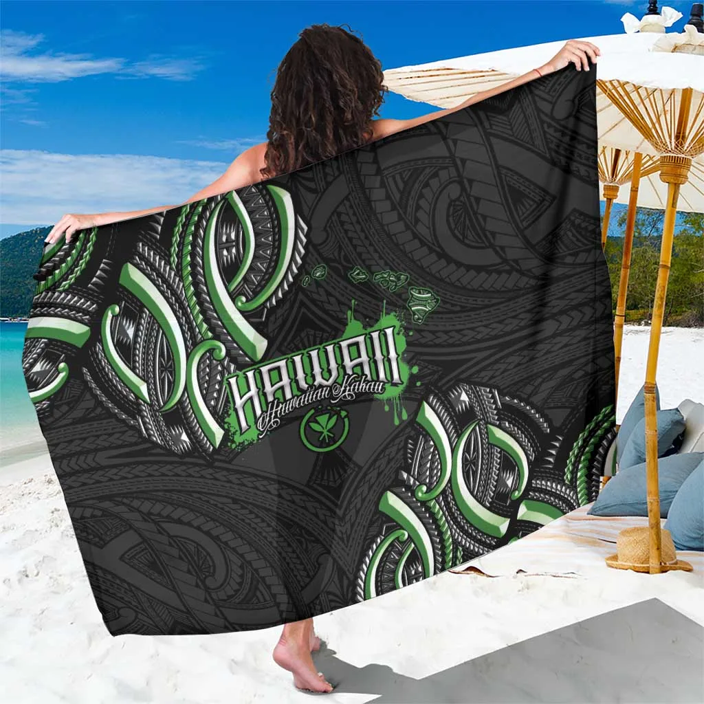 Green Traditional Hawaiian Kakau Tattoo Tribal Print Sarong Beach Wrap Polynesian Resort Cover Up Wholesale Pareo - main view