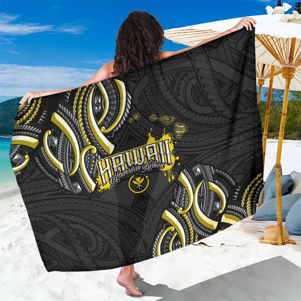 Bright Yellow Hawaiian Kakau Tattoo Tribal Print Sarong Polynesian Beach Wrap Wholesale Pareo - main view