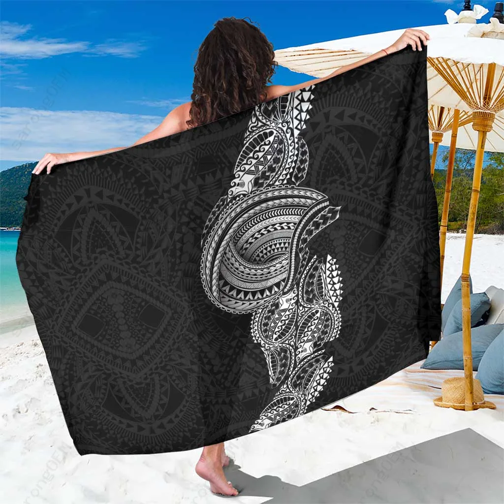 Black Polynesian Tribal Tattoo Print Sarong Beach Wrap for Resort Wholesale Pareo - main view