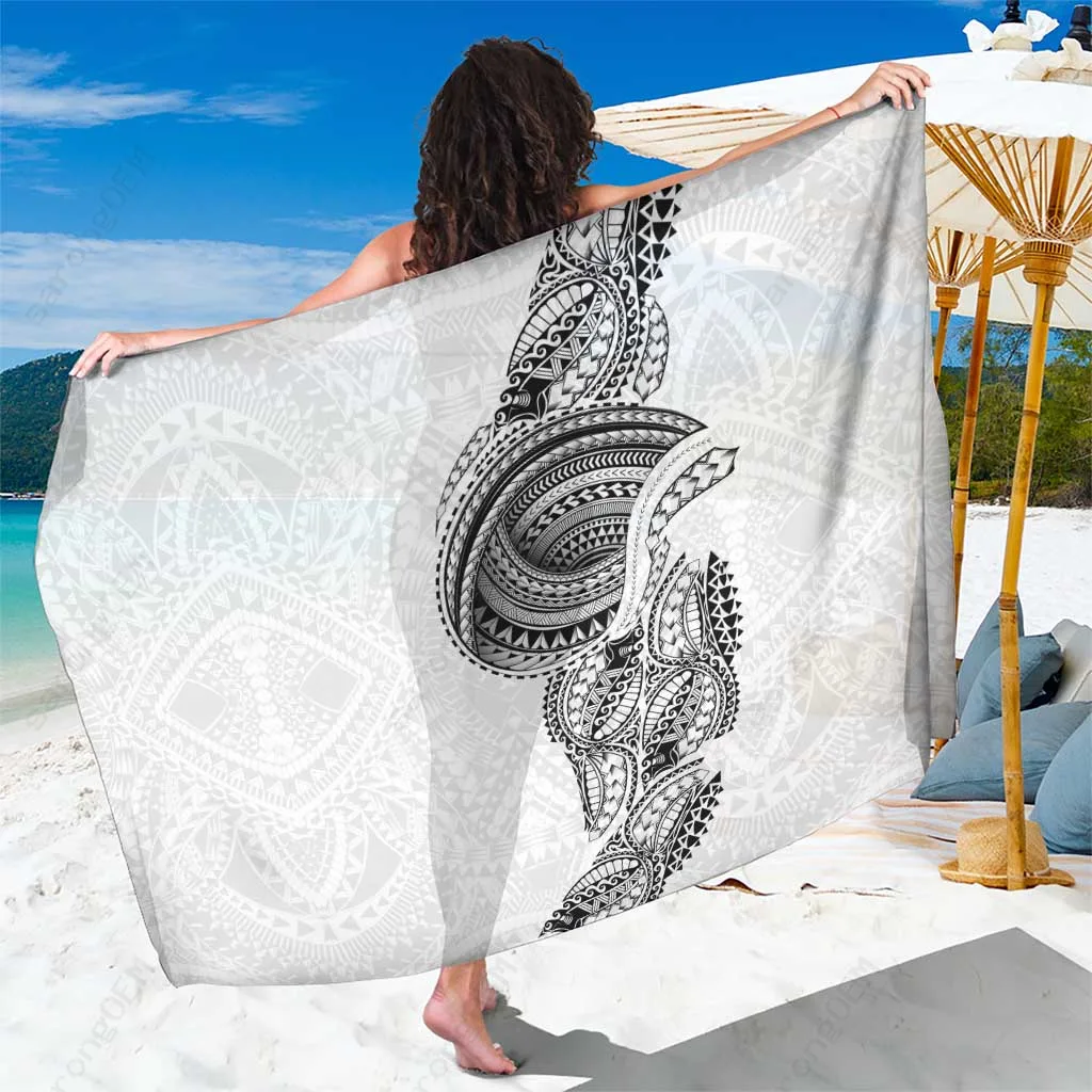White Traditional Polynesian Art Tattoo Print Sarong Beach Wrap Pareo for Resort Wholesale - main view