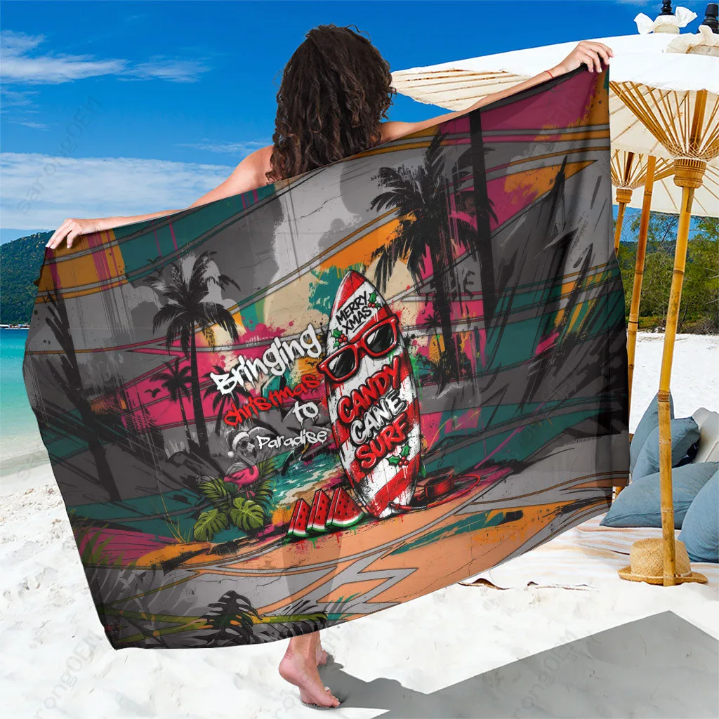 Tropical Christmas Red Green Candy Cane Stripe Print Sarong Hawaiian Beach Wrap Cover Up Wholesale Pareo - main view