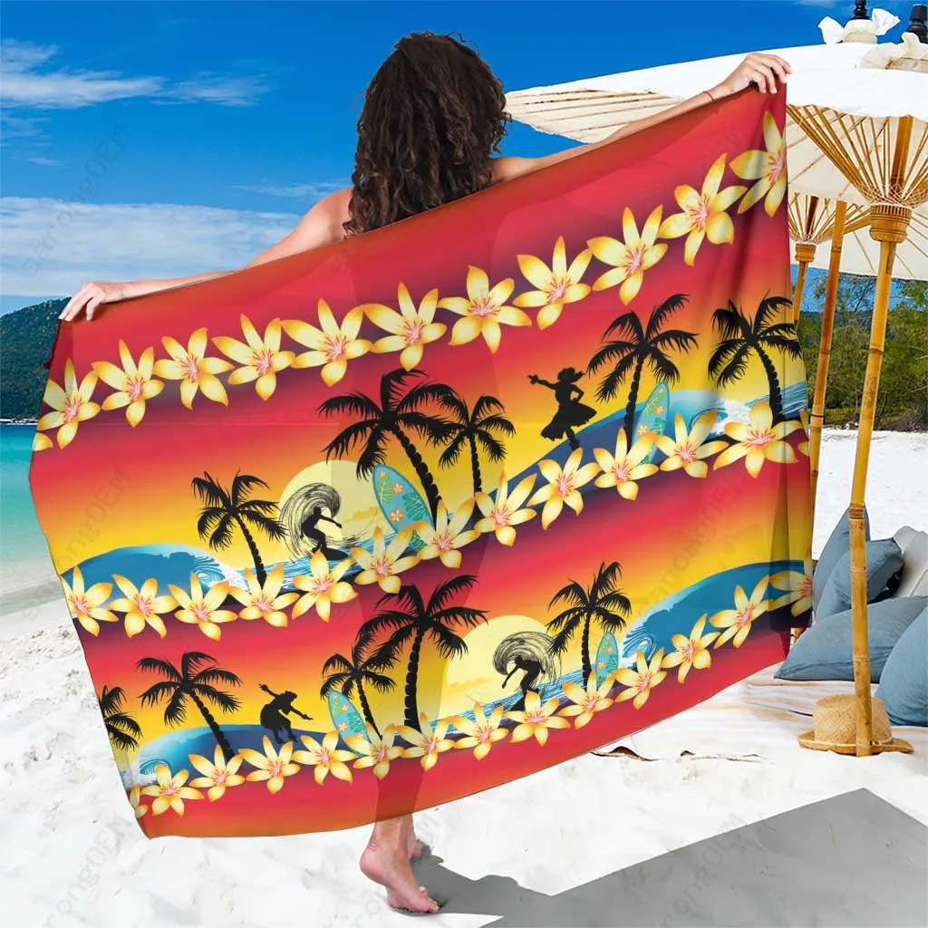 Sunset Orange Tropical Islands Hula Girl Print Sarong Hawaii Beach Wrap Summer Vibes Wholesale Pareo - main view