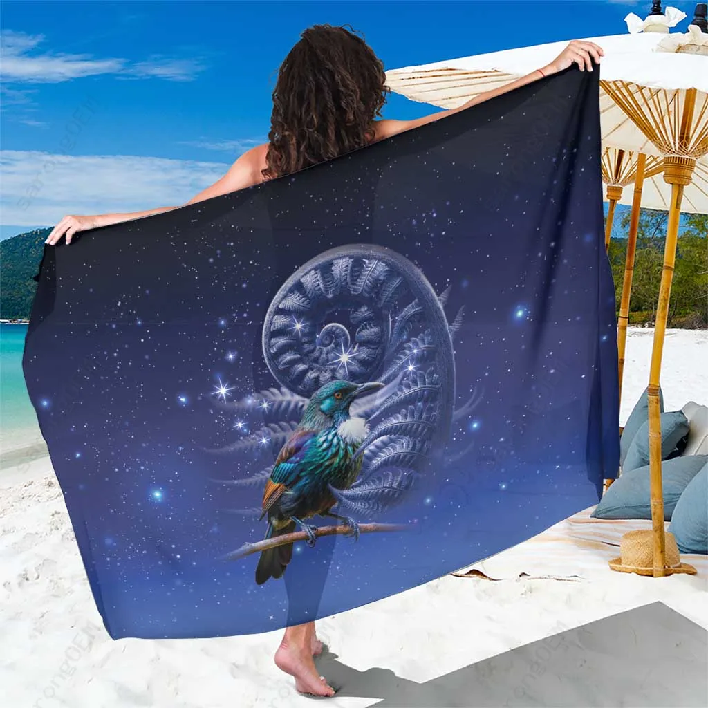 Silver Tui Bird Matariki Galaxy Koru Silver Fern Sarong Polynesian Beach Wrap Wholesale Pareo - main view