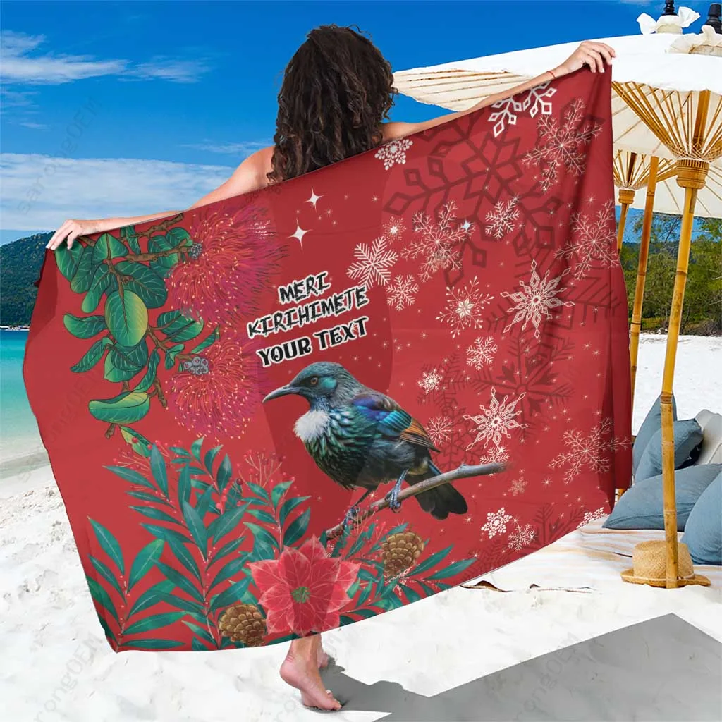 Red Floral Sarong with Pohutukawa Print Polynesian Beach Wrap Resort Cover Up Wholesale Pareo - main view