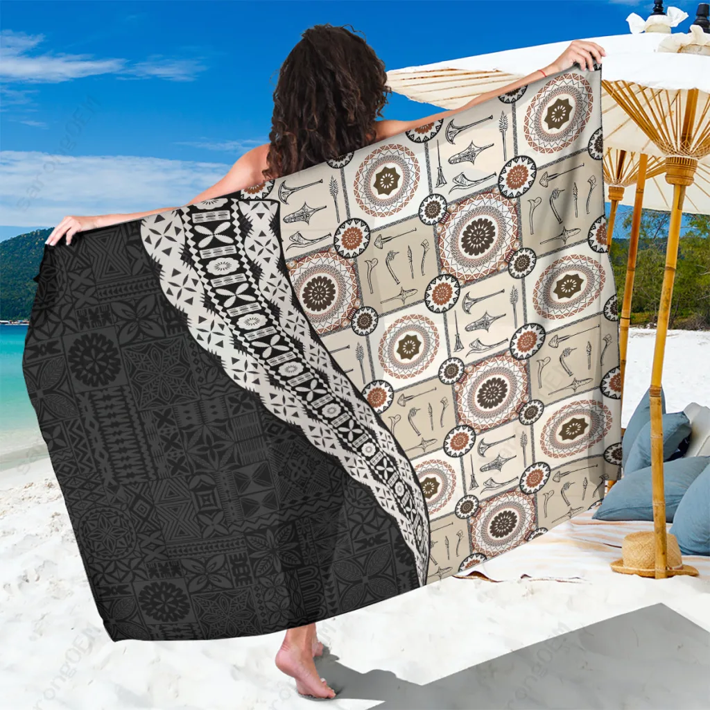 Cream White Tribal Fiji War Clubs Mix Tapa Pattern Print Sarong South Pacific Beach Resort Cover Up Wholesale Pareo - main view