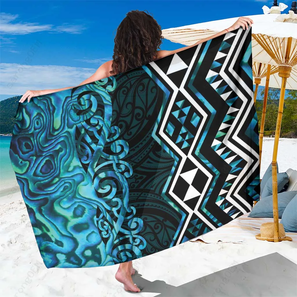 Turquoise Aotearoa Sarong with Paua Shell Kowhaiwhai Taniko Motifs Beach Wrap Pareo Wholesale Custom - main view