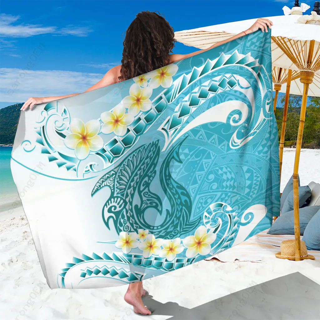 Turquoise Hawaii Shark Tattoo Frangipani Polynesian Print Sarong Beach Wrap Pareo Wholesale - main view