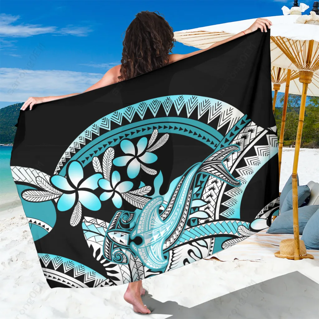 Turquoise Gradient Plumeria Polynesian Tattoo Sarong Beach Wrap Summer Resort Cover Up Wholesale Pareo - main view