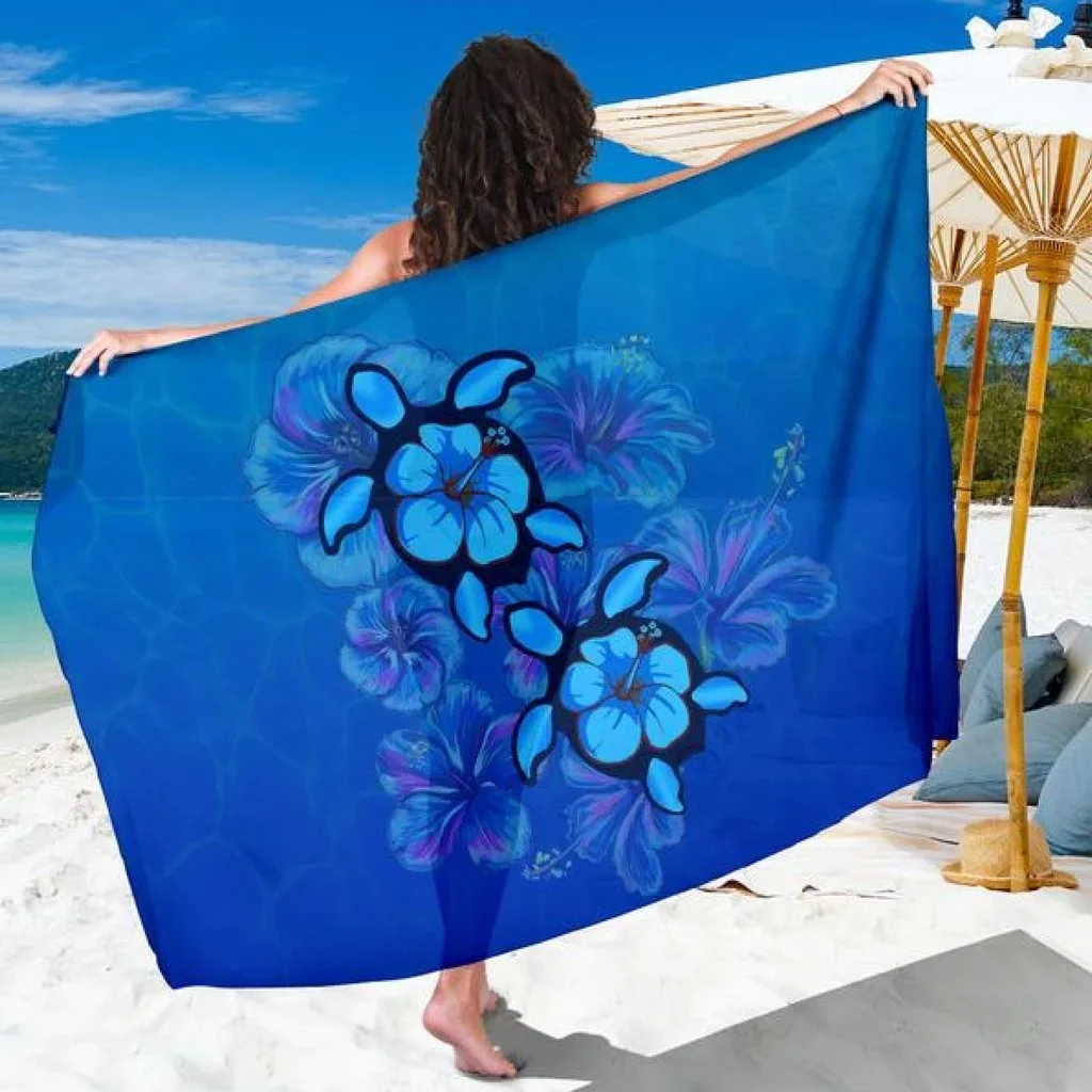 Blue Turtle Hibiscus Floral Print Sarong Polynesian Ocean Beach Wrap Wholesale Pareo - main view